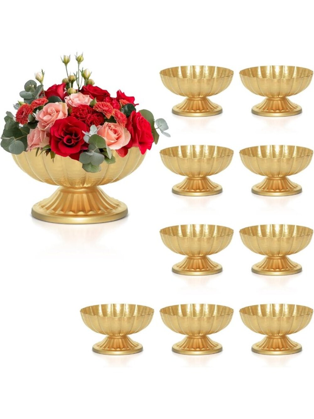 Set of 10 Gold Flower Vases - Vintage Compote Bowls for Wedding & Party